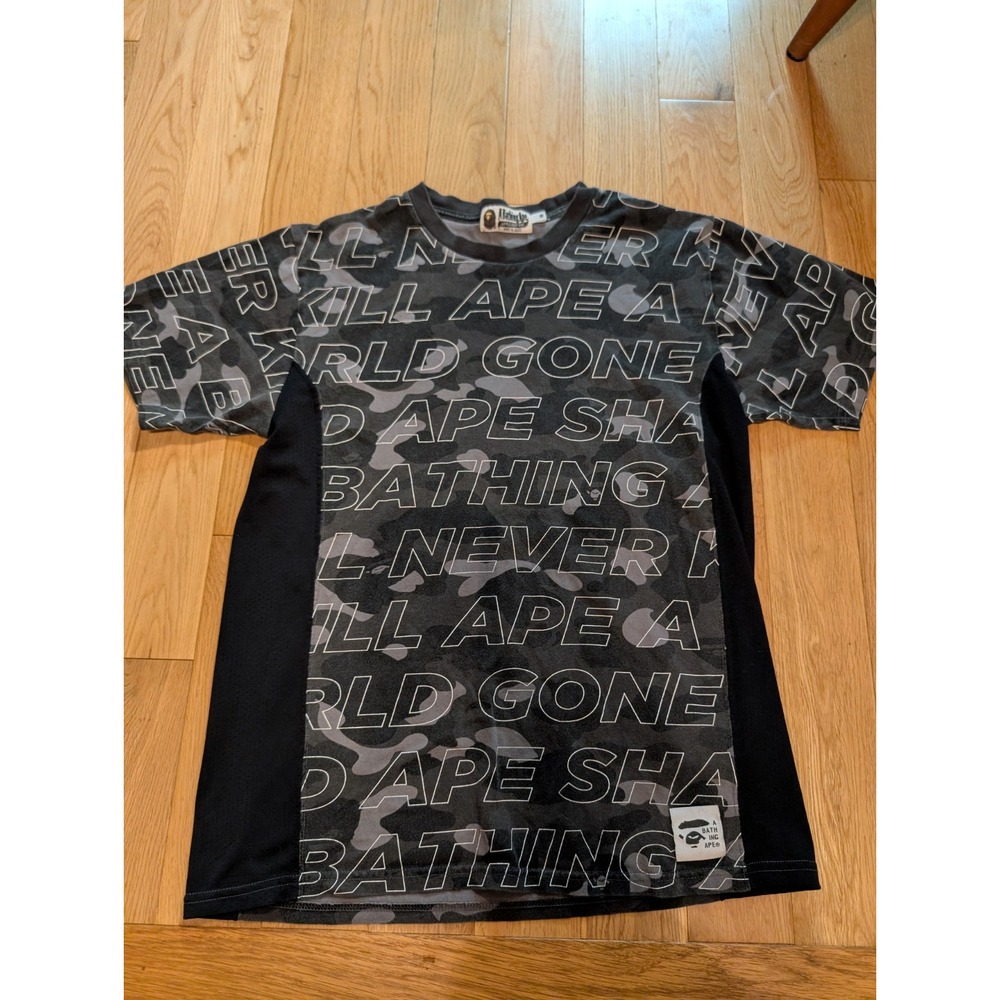 A Bathing Ape Bape Text Camo Ape Head Graphic T-Shirt World Gone Mad Side Mesh M
